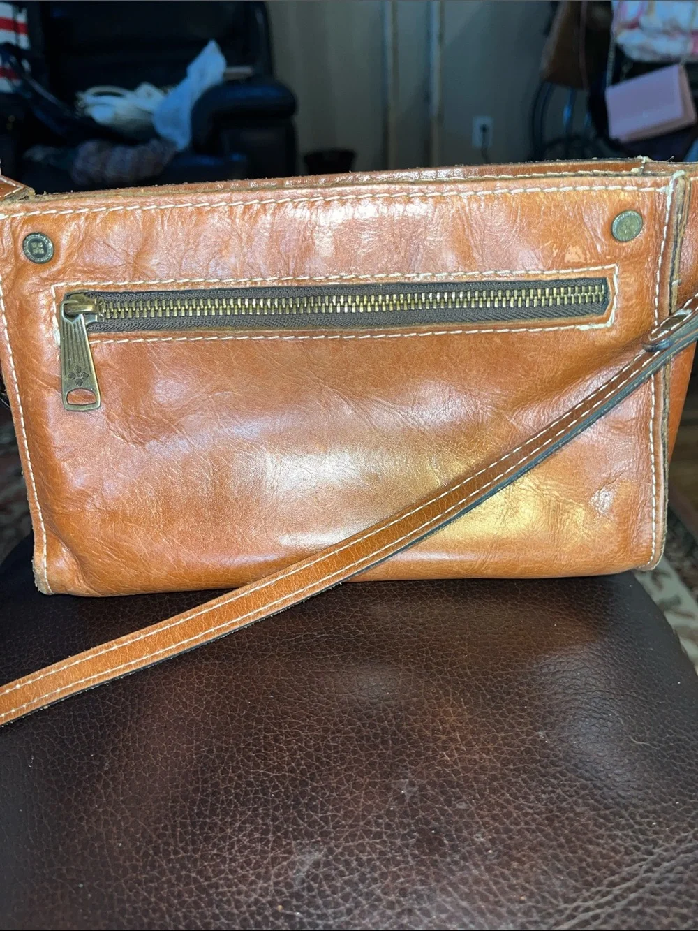 Tan Leather Crossbody Bag with Decorative Embossing